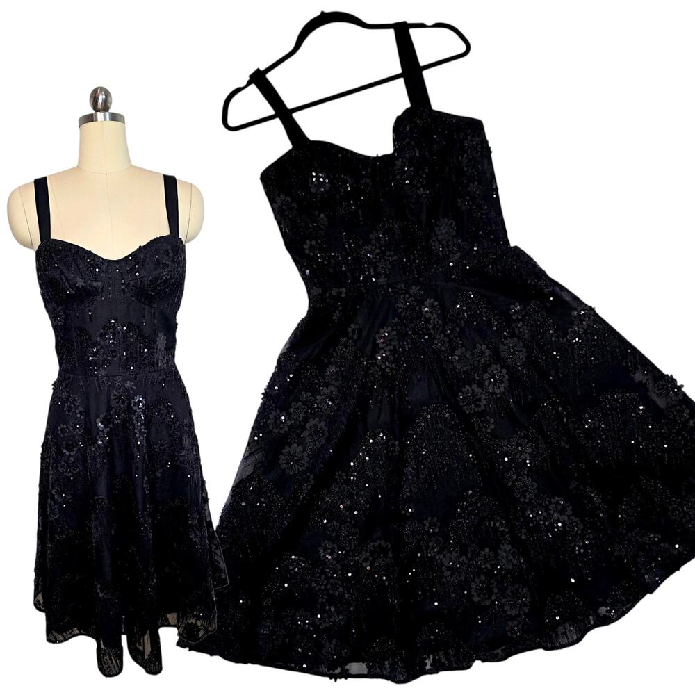 Dress the Population Adelina Medium Black Beaded Sequin Fit Flare Midi Cocktail